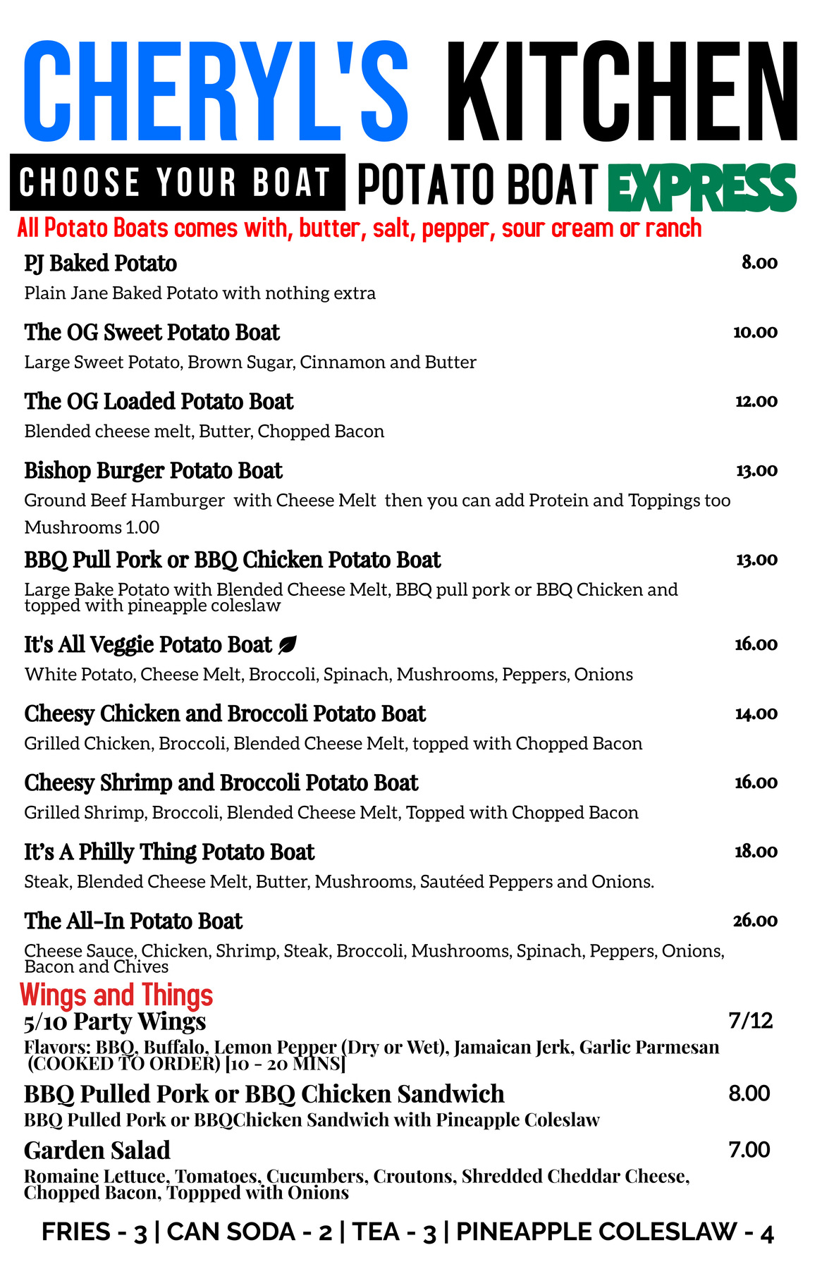 Potato Boats Menu